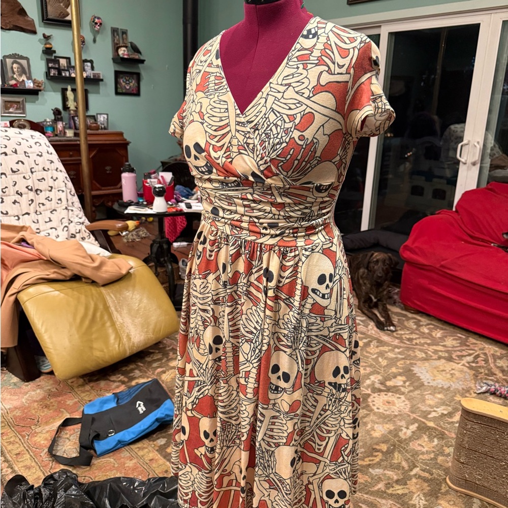 Skeleton Print Midi Dress in Red and Cream